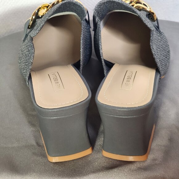 Newbella Grey Mousse Fit Pointed Toe Square Heel Gold Tone Chain Dress Mule 7.5 - Picture 7 of 16
